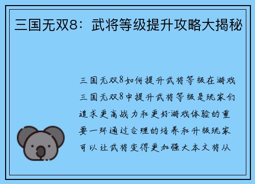 三国无双8：武将等级提升攻略大揭秘