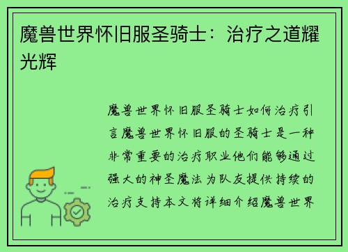 魔兽世界怀旧服圣骑士：治疗之道耀光辉